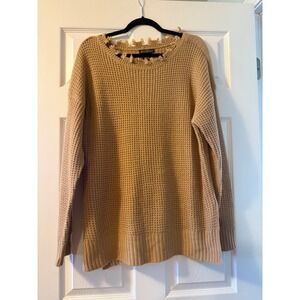 Runway 7 Tan Waffle Knit Distressed Neckline Sweater Plus Size 1X Boho Pullover